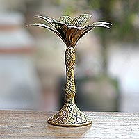 Brass candlestick, 'Palm Breeze' - Brass Palm Tree Candlestick from Bali