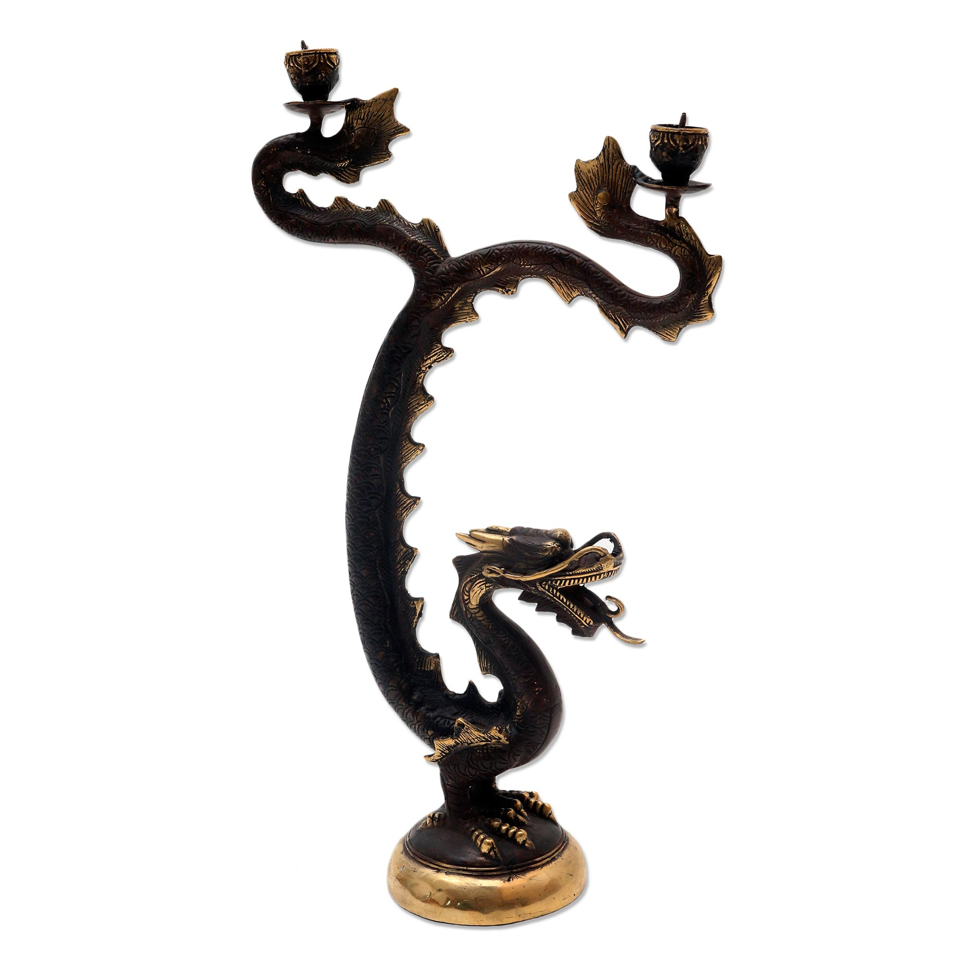 Dragon Themed Double Candleholder in Bronze - Naga Sakti | NOVICA