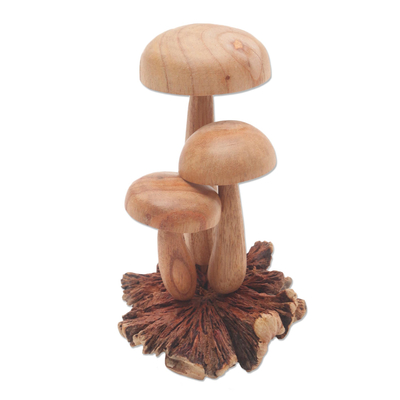 Wood sculpture, 'Growing Mushrooms' - Hand Carved Wood Mushroom Sculpture from Bali