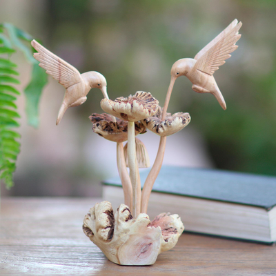 Escultura de madera - Escultura de madera única de colibríes y hongos