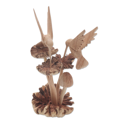 Wood sculpture, 'Hummingbirds and Mushrooms' - Unique Wood Sculpture of Hummingbirds and Mushrooms