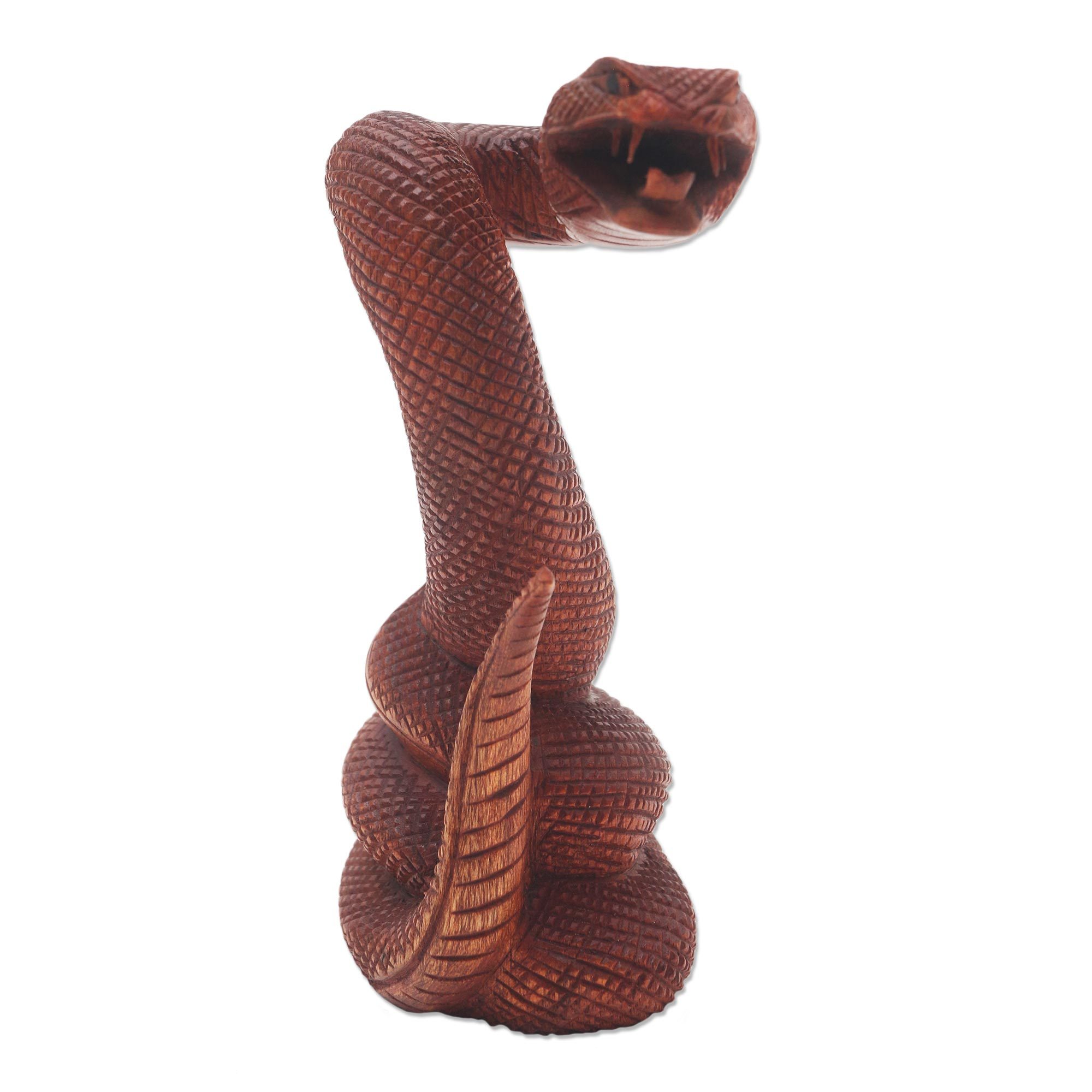 Detailed Wood Snake Sculpture from Bali Advancing Snake NOVICA