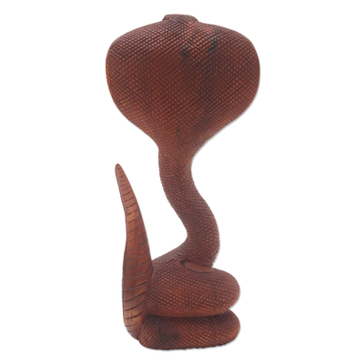 Wood sculpture, 'About to Strike' - Hand Carved Cobra Sculpture from Bali Artisan
