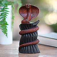 Wood sculpture, 'Cobra Strike' - Artisan Crafted Cobra Sculpture