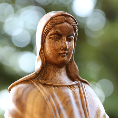 Wood sculpture, 'Mother Mary' - Hand Carved Acacia Wood Mother Mary Christian Sculpture