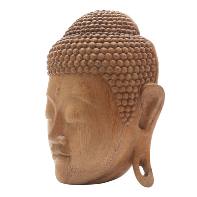 Máscara de madera - Máscara de Buda de madera de suar con acabado natural de Bali