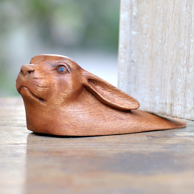 Wood doorstop, 'Rabbit Head' - Hand Carved Wood Rabbit Doorstop from Bali