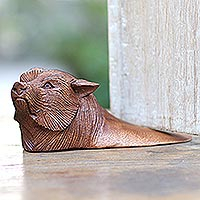 Wood doorstop, 'Wolf Head' - Artisan Crafted Wood Wolf Head Doorstop