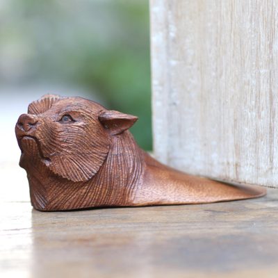 Wood doorstop, 'Wolf Head' - Artisan Crafted Wood Wolf Head Doorstop