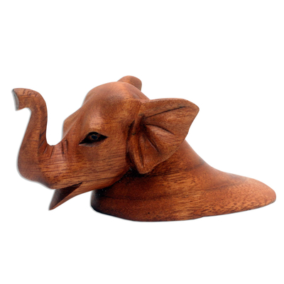 Wood doorstop, 'Elephant Head' - Suar Wood Elephant Head Doorstop
