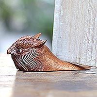 Wood doorstop, 'Owl Head' - Hand Carved Wood Owl Doorstop