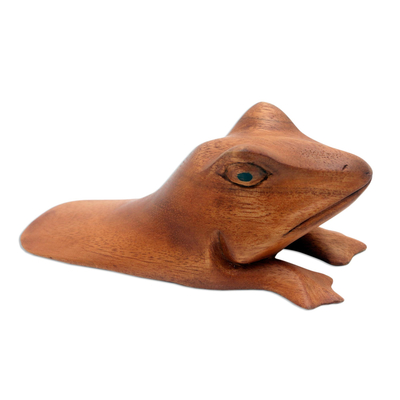 Wood door stop, 'Fanciful Frog' - Hand Carved Wood Frog Door Stop