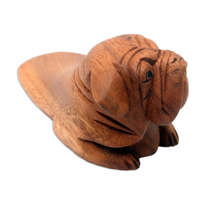 Wood doorstop, 'Pug Head' - Pug Doorstop Hand Carved from Wood