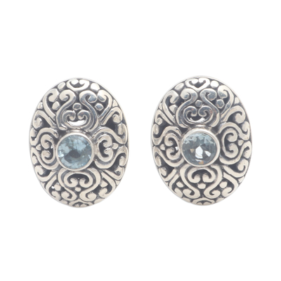 Blue topaz button earrings, 'Traditional Charm' - Oval Button Earrings in Sterling Silver with Blue Topaz
