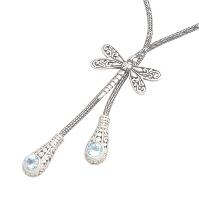 Blaues Topas-Lariat-Halsband, 'Libellenflug', 'Dragonfly Flight - Lariat-Halskette mit Libelle mit blauem Topas-Motiv