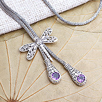 Amethyst lariat necklace, 'Dragonfly Flight' - Amethyst Lariat Necklace with Dragonfly Motif