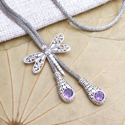 Amethyst lariat necklace, 'Dragonfly Flight' - Amethyst Lariat Necklace with Dragonfly Motif