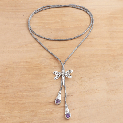 Amethyst-Lariat-Halskette, 'Libellenflug - Amethyst-Lariat-Halskette mit Libellenmotiv