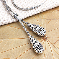 Sterling Silver Lariat Style Necklace from Bali,'Plain and Fancy'