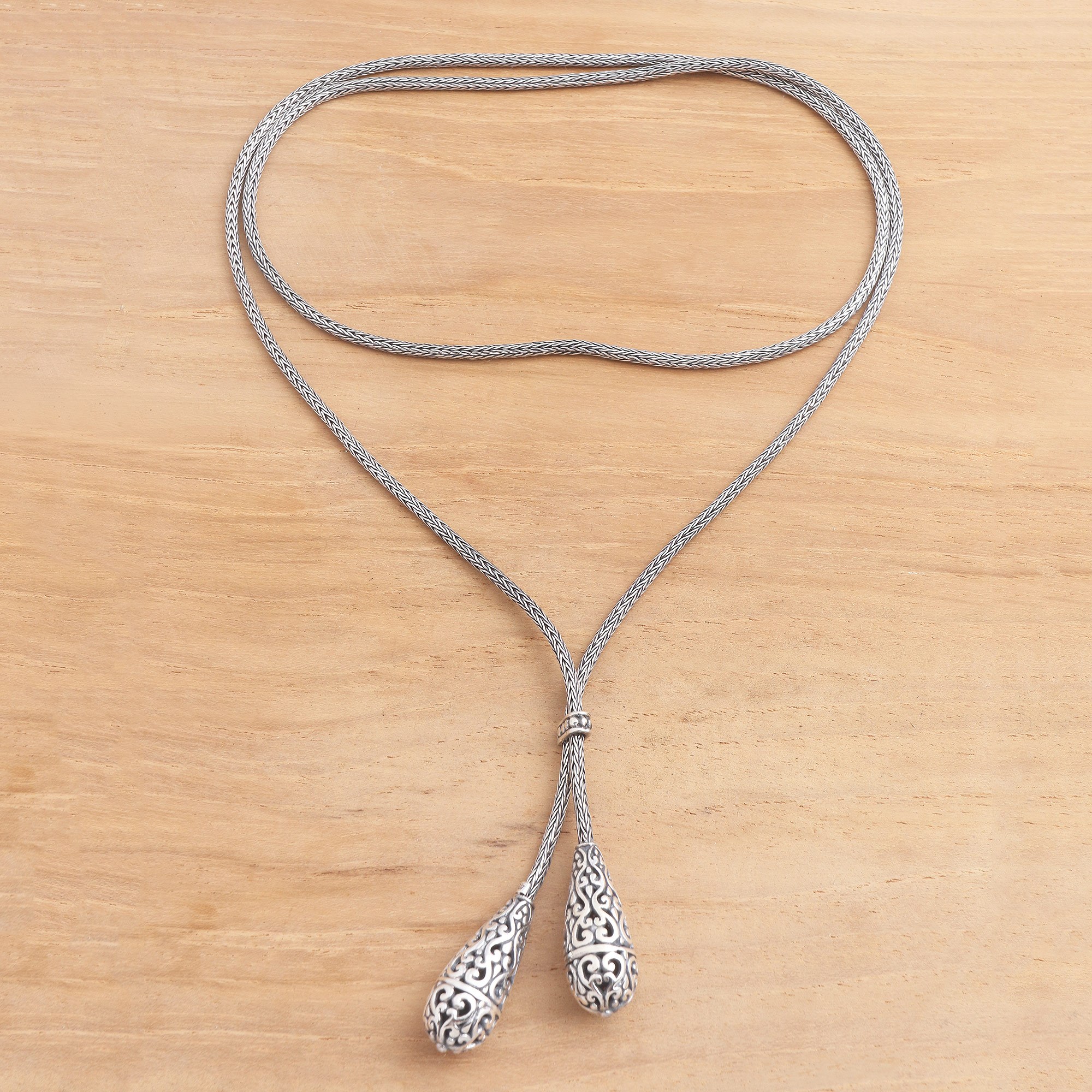Sterling Silver Lariat Style Necklace from Bali Plain and Fancy NOVICA