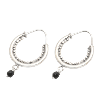 Sterling silver and onyx hoop earrings, 'Shadow Play' - Onyx Accented Sterling Silver Hoop Earrings