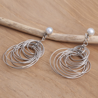 Cultured pearl dangle earrings, 'Maze of Circles' - Circular Dangle Earrings with Cultured Pearl