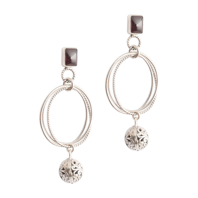 Garnet dangle earrings, 'Java Treasure' - Garnet and Sterling Silver Earrings from Java
