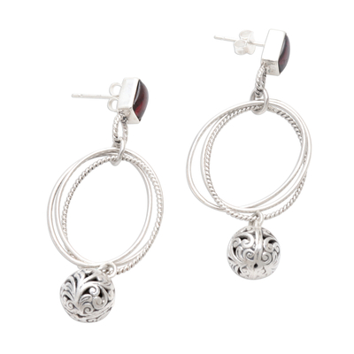 Garnet dangle earrings, 'Java Treasure' - Garnet and Sterling Silver Earrings from Java