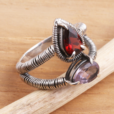 Garnet and amethyst cocktail ring, 'Light, Captured' - Garnet and Amethyst Pear Shaped Gemstone Ring