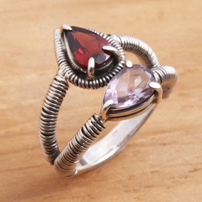 Garnet and amethyst cocktail ring, 'Light, Captured' - Garnet and Amethyst Pear Shaped Gemstone Ring