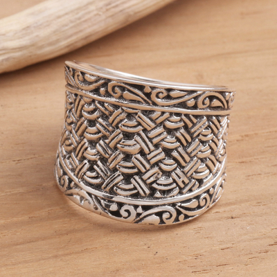 Sterling silver band ring, 'Java Weave' - Wide Sterling Silver Woven-Look Band Ring
