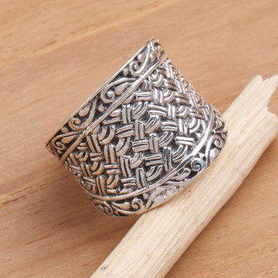 Sterling silver band ring, 'Java Weave' - Wide Sterling Silver Woven-Look Band Ring