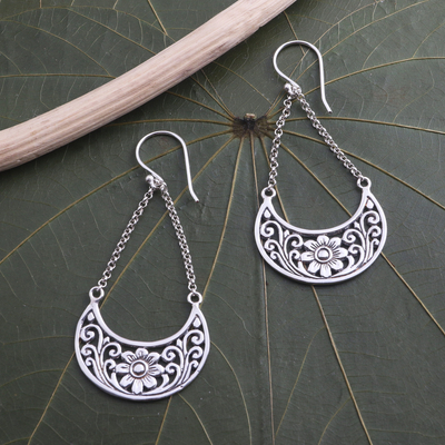 Sterling silver dangle earrings, 'Flower Swing' - Floral Sterling Silver Dangle Earrings from Bali