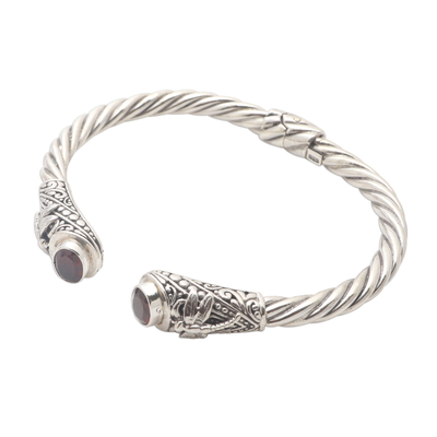 Garnet cuff bracelet, 'Perched Dragonfly' - Garnet and Sterling SIlver Dragonfly Cuff Bracelet