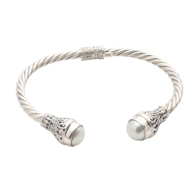Cultured pearl cuff bracelet, 'Royal Torch' - Cultured Pearl and Sterling Silver Cuff Bracelet