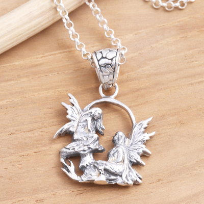 Sterling silver pendant necklace, 'Angels Among Us' - Guardian Angels Sterling Silver Pendant Necklace