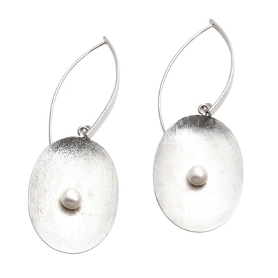 Cultured pearl dangle earrings, 'Seeds of Change' - Brushed Sterling Silver and Cultured Pearl Dangle Earrings
