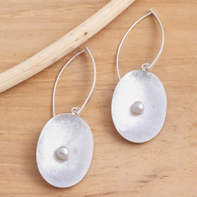 Cultured pearl dangle earrings, 'Seeds of Change' - Brushed Sterling Silver and Cultured Pearl Dangle Earrings