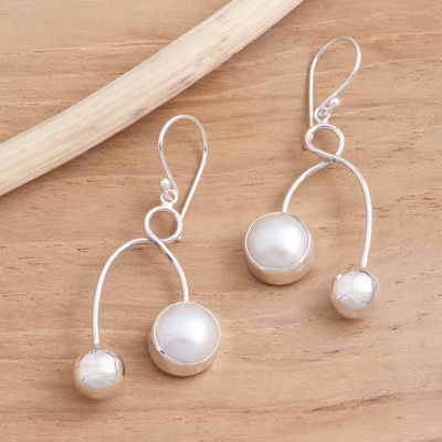 Cultured pearl dangle earrings, 'A Study in Balance' - Cultured Pearl and Sterling Silver Dangle Earrings