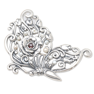 Cultured pearl and garnet brooch pin, 'Queen in Flight' - Sterling Silver Brooch with Garnet and Freshwater Pearls