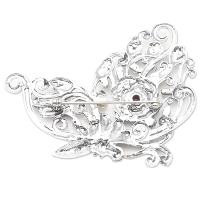 Cultured pearl and garnet brooch pin, 'Queen in Flight' - Sterling Silver Brooch with Garnet and Freshwater Pearls