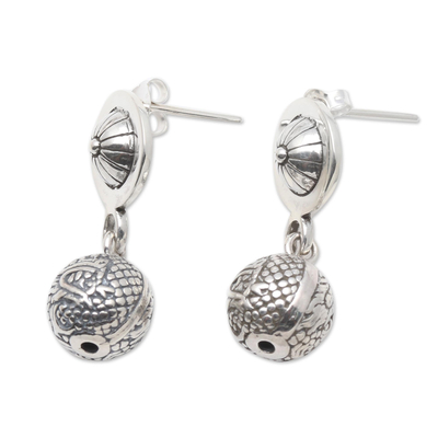 Sterling silver dangle earrings, 'Dragon Ball' - Dragon Motif Sterling Silver Dangle Earrings