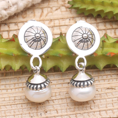 Cultured pearl dangle earrings, 'Cloud Drop' - Dangle Earrings with Cultured Pearls from Bali