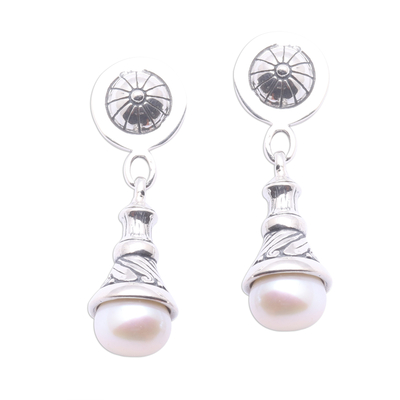 Cultured pearl dangle earrings, 'Bali Bagatelle' - Artisan Designed Cultured Pearl Earrings