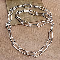 Sterling silver link necklace, 'Bamboo Chain' - Bamboo Motif Link Necklace in Sterling Silver