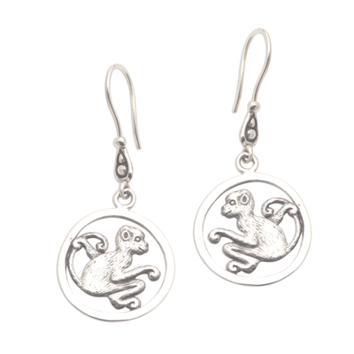 Sterling silver dangle earrings, 'Coy Monkey' - Sterling Silver Monkey Dangle Earrings