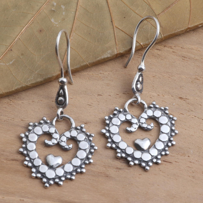 Sterling silver dangle earrings, 'Jawan Love' - Sterling Silver Heart Earrings from Bali