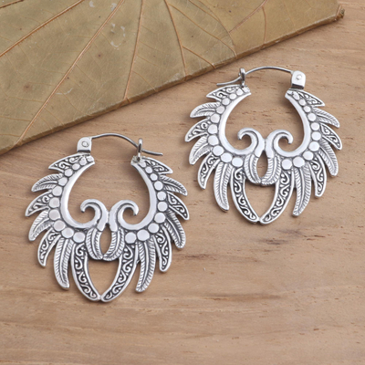 Sterling silver hoop earrings, 'Feathered Crown' - Hand Crafted Sterling Silver Hoop Earrings
