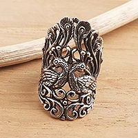 Sterling silver cocktail ring, 'Peacock Romance' - Peacock Ring in Sterling Silver