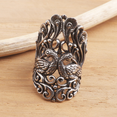 Sterling silver cocktail ring, 'Peacock Romance' - Peacock Ring in Sterling Silver
